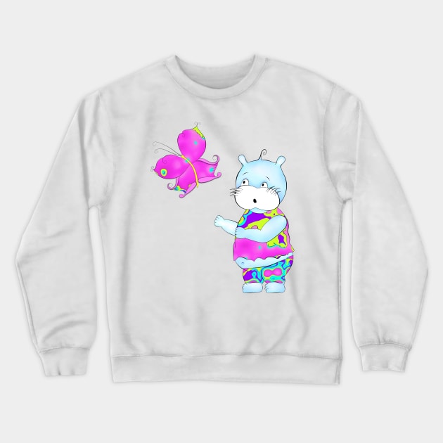 Cute hippie hippo looking at butterfly Crewneck Sweatshirt by stefy